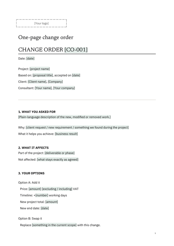 First page of the client version of E2, Change Order