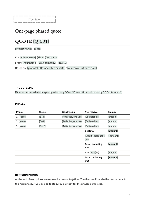 First page of the client version of E4, Phased Quote