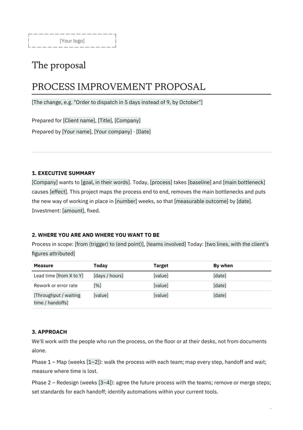 First page of the client version of S1, Process Consulting Proposal