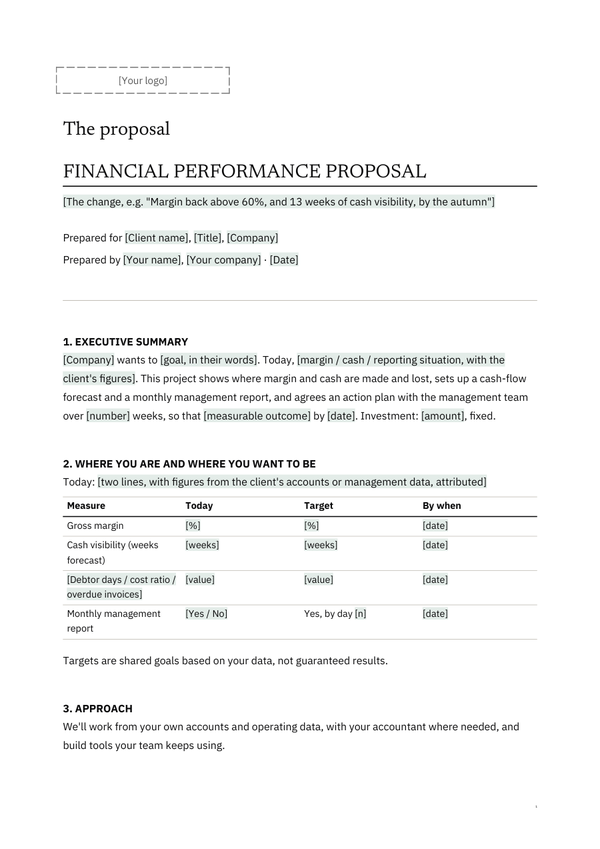 First page of the client version of S3, Financial Performance Consulting Proposal