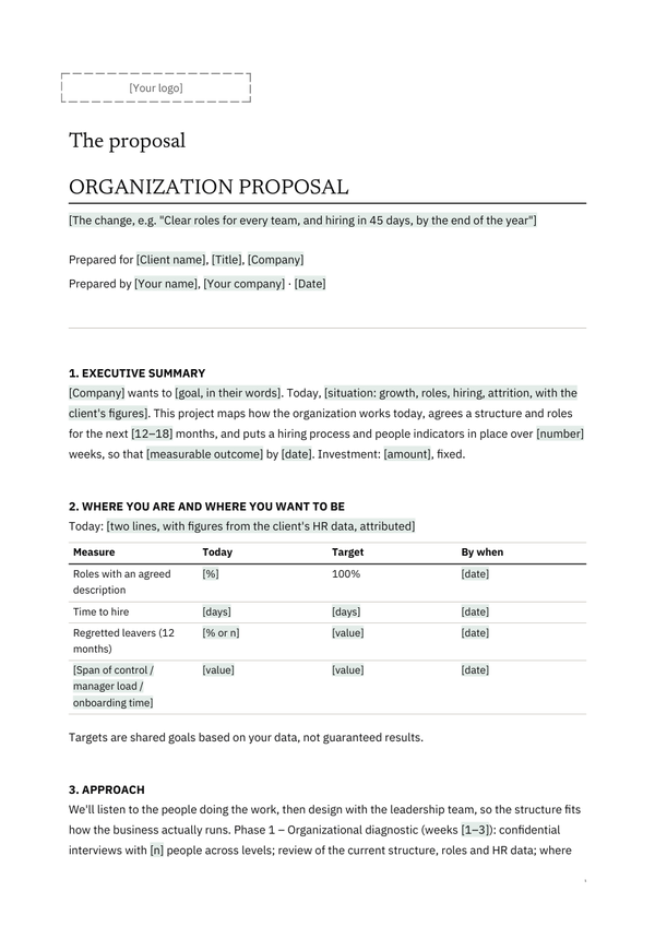 First page of the client version of S4, HR & Organization Consulting Proposal